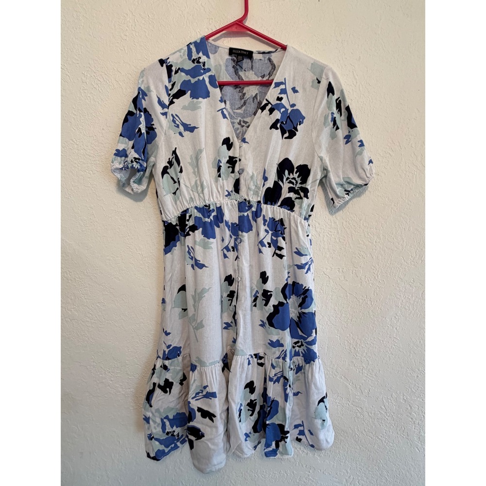 Ellen Tracy Floral Linen Blend V-Neck Mini Dress Blue White XS